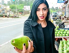 Sizzling hot Latina goes shopping and finds meat of the market stall.